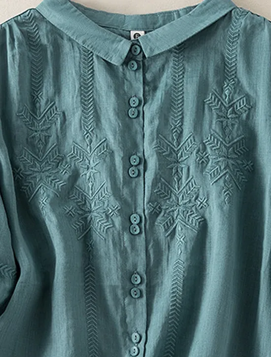 New Women's Shirt Linen-Inspired Shirts Button Up Solid Color Floral Casual Boho 3/4 Length Sleeve Elbow Sleeve Shirt Collar Regular Tops Daily Going out Embroidered Yellow Blue Purple Khaki Summer Women Shirts
