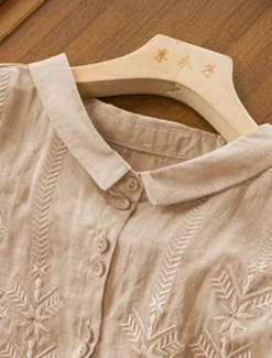 New Women's Shirt Linen-Inspired Shirts Button Up Solid Color Floral Casual Boho 3/4 Length Sleeve Elbow Sleeve Shirt Collar Regular Tops Daily Going out Embroidered Yellow Blue Purple Khaki Summer Women Shirts