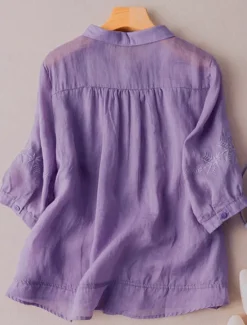New Women's Shirt Linen-Inspired Shirts Button Up Solid Color Floral Casual Boho 3/4 Length Sleeve Elbow Sleeve Shirt Collar Regular Tops Daily Going out Embroidered Yellow Blue Purple Khaki Summer Women Shirts