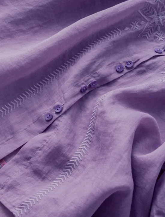 New Women's Shirt Linen-Inspired Shirts Button Up Solid Color Floral Casual Boho 3/4 Length Sleeve Elbow Sleeve Shirt Collar Regular Tops Daily Going out Embroidered Yellow Blue Purple Khaki Summer Women Shirts