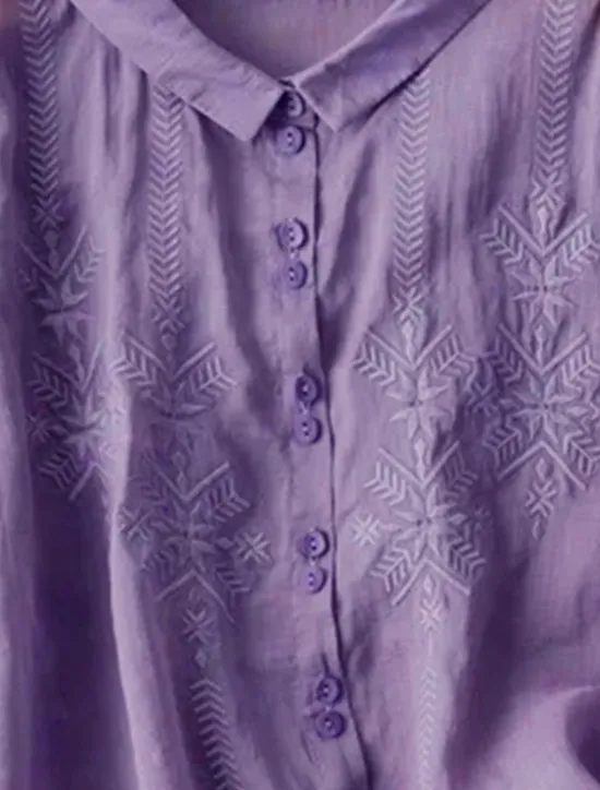 New Women's Shirt Linen-Inspired Shirts Button Up Solid Color Floral Casual Boho 3/4 Length Sleeve Elbow Sleeve Shirt Collar Regular Tops Daily Going out Embroidered Yellow Blue Purple Khaki Summer Women Shirts