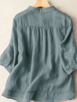 New Women's Shirt Linen-Inspired Shirts Button Up Solid Color Floral Casual Boho 3/4 Length Sleeve Elbow Sleeve Shirt Collar Regular Tops Daily Going out Embroidered Yellow Blue Purple Khaki Summer Women Shirts