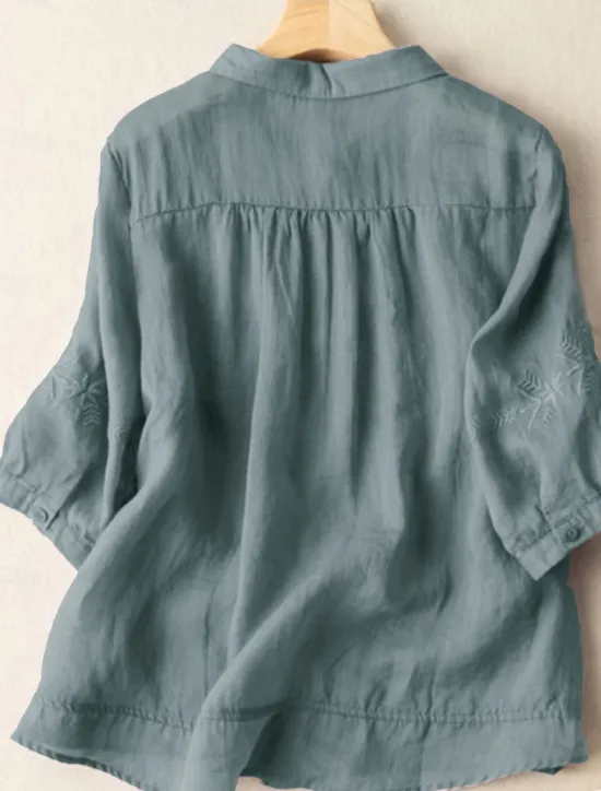 New Women's Shirt Linen-Inspired Shirts Button Up Solid Color Floral Casual Boho 3/4 Length Sleeve Elbow Sleeve Shirt Collar Regular Tops Daily Going out Embroidered Yellow Blue Purple Khaki Summer Women Shirts