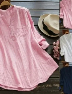 New Women's Shirt Linen-Inspired Shirts Blouse Plain Basic Modern Long Sleeve V Neck Regular Tops Daily Going out Buttons Pocket White Pink Navy Blue Summer Women Shirts