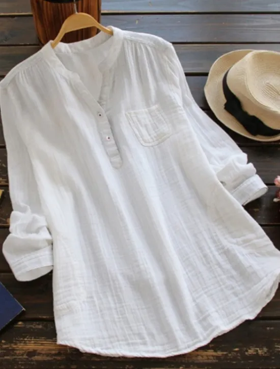 New Women's Shirt Linen-Inspired Shirts Blouse Plain Basic Modern Long Sleeve V Neck Regular Tops Daily Going out Buttons Pocket White Pink Navy Blue Summer Women Shirts