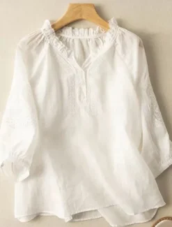 Online Women's Shirt Linen-Inspired Shirts Blouse Solid Color Stylish Casual 3/4 Length Sleeve V Neck Regular Tops Daily Ruffle Embroidered Buttons White Blue Summer Spring Fall Women Shirts