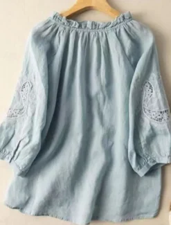 Online Women's Shirt Linen-Inspired Shirts Blouse Solid Color Stylish Casual 3/4 Length Sleeve V Neck Regular Tops Daily Ruffle Embroidered Buttons White Blue Summer Spring Fall Women Shirts