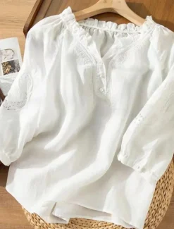 Online Women's Shirt Linen-Inspired Shirts Blouse Solid Color Stylish Casual 3/4 Length Sleeve V Neck Regular Tops Daily Ruffle Embroidered Buttons White Blue Summer Spring Fall Women Shirts