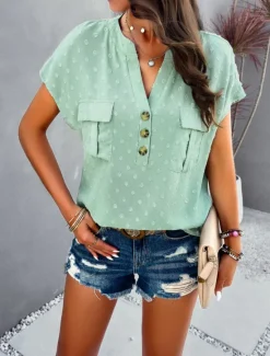 Clearance Women's Shirt Linen-Inspired Shirts Blouse Solid Color Stylish Casual Short Sleeve Notched Neck Regular Tops Daily Lace Patchwork Buttons Black White Wine Green Summer Spring Women Shirts