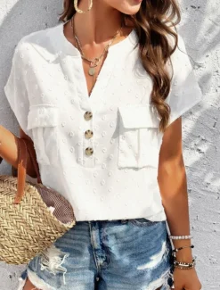 Clearance Women's Shirt Linen-Inspired Shirts Blouse Solid Color Stylish Casual Short Sleeve Notched Neck Regular Tops Daily Lace Patchwork Buttons Black White Wine Green Summer Spring Women Shirts