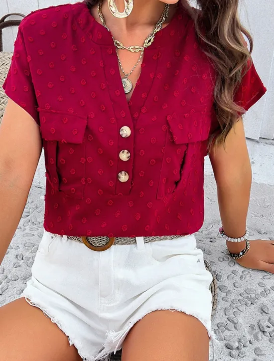 Clearance Women's Shirt Linen-Inspired Shirts Blouse Solid Color Stylish Casual Short Sleeve Notched Neck Regular Tops Daily Lace Patchwork Buttons Black White Wine Green Summer Spring Women Shirts