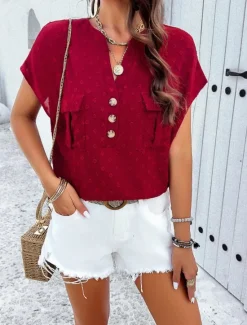 Clearance Women's Shirt Linen-Inspired Shirts Blouse Solid Color Stylish Casual Short Sleeve Notched Neck Regular Tops Daily Lace Patchwork Buttons Black White Wine Green Summer Spring Women Shirts