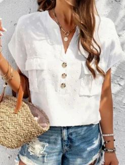 Clearance Women's Shirt Linen-Inspired Shirts Blouse Solid Color Stylish Casual Short Sleeve Notched Neck Regular Tops Daily Lace Patchwork Buttons Black White Wine Green Summer Spring Women Shirts