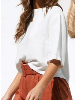 Discount Women's Shirt Linen-Inspired Shirts Button Up 3/4 Length Sleeve Crew Neck Summer Spring Fall Women Shirts