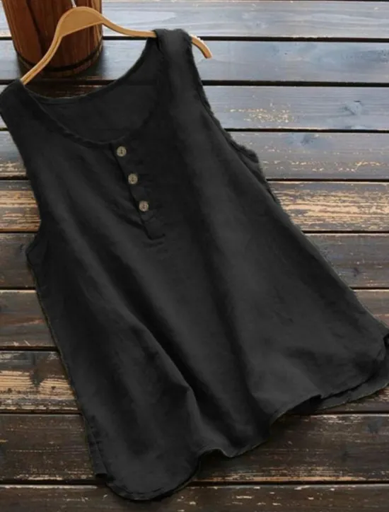 New Women's Shirt Linen-Inspired Shirts Blouse Solid Color Basic Casual Sleeveless Crew Neck Regular Tops Daily Buttons Black White Pink Blue Gray Summer Women Shirts