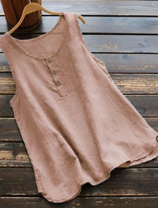 New Women's Shirt Linen-Inspired Shirts Blouse Solid Color Basic Casual Sleeveless Crew Neck Regular Tops Daily Buttons Black White Pink Blue Gray Summer Women Shirts
