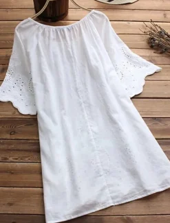 Discount Women's Shirt Linen-Inspired Shirts Blouse Plain Fashion Round Neck Street Daily Lace up Lace White Yellow Pink Green Summer Women Shirts