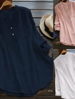 New Women's Shirt Linen-Inspired Shirts Blouse Plain Basic Casual Long Sleeve V Neck Regular Tops Daily Holiday Buttons Pocket White Pink Navy Blue Summer Women Shirts