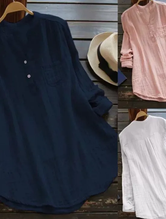 New Women's Shirt Linen-Inspired Shirts Blouse Plain Basic Casual Long Sleeve V Neck Regular Tops Daily Holiday Buttons Pocket White Pink Navy Blue Summer Women Shirts