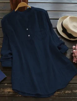 New Women's Shirt Linen-Inspired Shirts Blouse Plain Basic Casual Long Sleeve V Neck Regular Tops Daily Holiday Buttons Pocket White Pink Navy Blue Summer Women Shirts