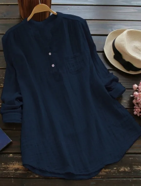 New Women's Shirt Linen-Inspired Shirts Blouse Plain Basic Casual Long Sleeve V Neck Regular Tops Daily Holiday Buttons Pocket White Pink Navy Blue Summer Women Shirts