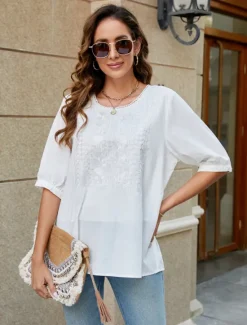 Women's Shirt Linen-Inspired Shirts Solid Color Floral Casual Boho 3/4 Length Sleeve Elbow Sleeve Crew Neck Regular Tops Vacation Party Daily Embroidered White Yellow Khaki Autumn / Fall Spring Women Shirts