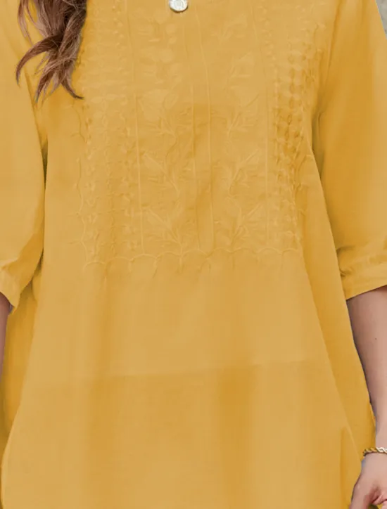 Women's Shirt Linen-Inspired Shirts Solid Color Floral Casual Boho 3/4 Length Sleeve Elbow Sleeve Crew Neck Regular Tops Vacation Party Daily Embroidered White Yellow Khaki Autumn / Fall Spring Women Shirts