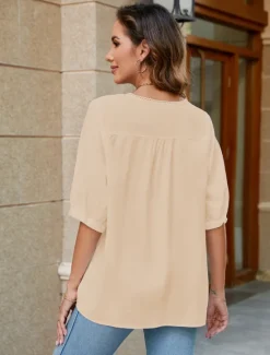 Women's Shirt Linen-Inspired Shirts Solid Color Floral Casual Boho 3/4 Length Sleeve Elbow Sleeve Crew Neck Regular Tops Vacation Party Daily Embroidered White Yellow Khaki Autumn / Fall Spring Women Shirts
