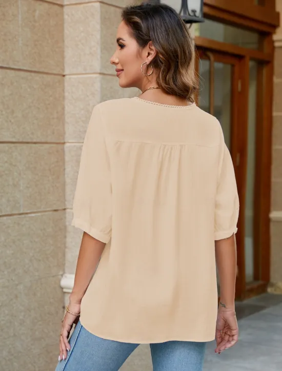 Women's Shirt Linen-Inspired Shirts Solid Color Floral Casual Boho 3/4 Length Sleeve Elbow Sleeve Crew Neck Regular Tops Vacation Party Daily Embroidered White Yellow Khaki Autumn / Fall Spring Women Shirts