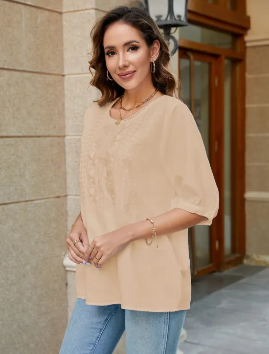 Women's Shirt Linen-Inspired Shirts Solid Color Floral Casual Boho 3/4 Length Sleeve Elbow Sleeve Crew Neck Regular Tops Vacation Party Daily Embroidered White Yellow Khaki Autumn / Fall Spring Women Shirts