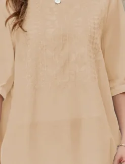 Women's Shirt Linen-Inspired Shirts Solid Color Floral Casual Boho 3/4 Length Sleeve Elbow Sleeve Crew Neck Regular Tops Vacation Party Daily Embroidered White Yellow Khaki Autumn / Fall Spring Women Shirts