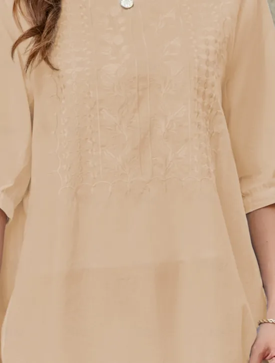 Women's Shirt Linen-Inspired Shirts Solid Color Floral Casual Boho 3/4 Length Sleeve Elbow Sleeve Crew Neck Regular Tops Vacation Party Daily Embroidered White Yellow Khaki Autumn / Fall Spring Women Shirts