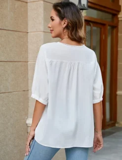 Women's Shirt Linen-Inspired Shirts Solid Color Floral Casual Boho 3/4 Length Sleeve Elbow Sleeve Crew Neck Regular Tops Vacation Party Daily Embroidered White Yellow Khaki Autumn / Fall Spring Women Shirts