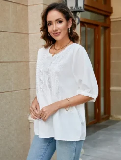 Women's Shirt Linen-Inspired Shirts Solid Color Floral Casual Boho 3/4 Length Sleeve Elbow Sleeve Crew Neck Regular Tops Vacation Party Daily Embroidered White Yellow Khaki Autumn / Fall Spring Women Shirts