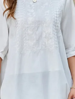 Women's Shirt Linen-Inspired Shirts Solid Color Floral Casual Boho 3/4 Length Sleeve Elbow Sleeve Crew Neck Regular Tops Vacation Party Daily Embroidered White Yellow Khaki Autumn / Fall Spring Women Shirts