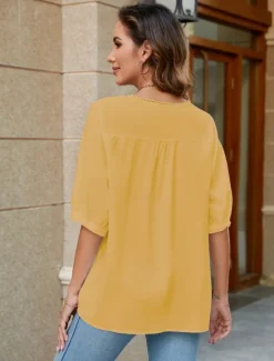 Women's Shirt Linen-Inspired Shirts Solid Color Floral Casual Boho 3/4 Length Sleeve Elbow Sleeve Crew Neck Regular Tops Vacation Party Daily Embroidered White Yellow Khaki Autumn / Fall Spring Women Shirts