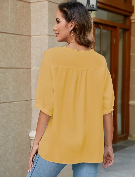 Women's Shirt Linen-Inspired Shirts Solid Color Floral Casual Boho 3/4 Length Sleeve Elbow Sleeve Crew Neck Regular Tops Vacation Party Daily Embroidered White Yellow Khaki Autumn / Fall Spring Women Shirts