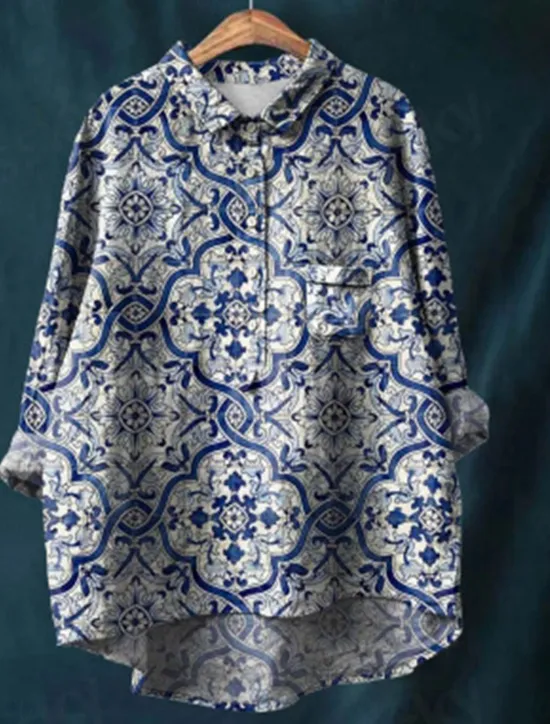 Discount Women's Shirt Linen-Inspired Shirts Long Sleeve Shirt Collar Red Navy Blue Blue Spring & Fall Women Shirts