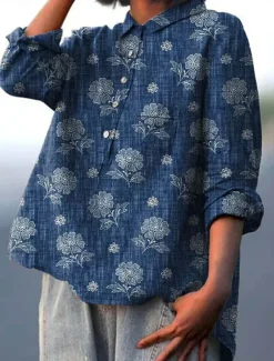 Discount Women's Shirt Linen-Inspired Shirts Long Sleeve Shirt Collar Red Navy Blue Blue Spring & Fall Women Shirts