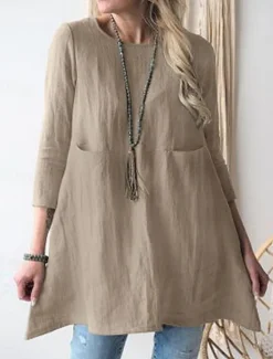 Online Women's Shirt Linen-Inspired Shirts Blouse Solid Color Stylish Casual 3/4 Length Sleeve Crew Neck Regular Tops Daily Pocket Black Khaki Summer Women Shirts