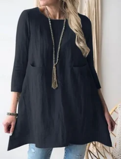 Online Women's Shirt Linen-Inspired Shirts Blouse Solid Color Stylish Casual 3/4 Length Sleeve Crew Neck Regular Tops Daily Pocket Black Khaki Summer Women Shirts