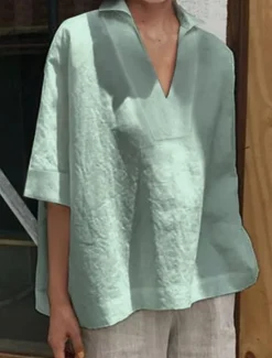 Best Women's Shirt Linen-Inspired Shirts Blouse Solid Color Basic Casual 3/4 Length Sleeve Notched Neck Regular Tops Daily White Pink Green Summer Spring Women Shirts