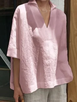 Best Women's Shirt Linen-Inspired Shirts Blouse Solid Color Basic Casual 3/4 Length Sleeve Notched Neck Regular Tops Daily White Pink Green Summer Spring Women Shirts