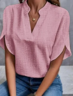 Sale Women's Shirt Linen-Inspired Shirts Blouse Solid Color Basic Casual Short Sleeve Notched Neck Regular Tops Daily White Pink Summer Women Shirts