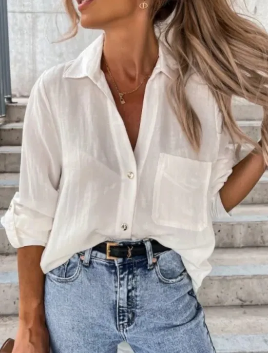 New Women's Shirt Linen-Inspired Shirts Button Up Blouse Solid Color Stylish Casual Long Sleeve Shirt Collar Regular Tops Daily Buttons Pocket Black White Brown Khaki Summer Spring Women Shirts