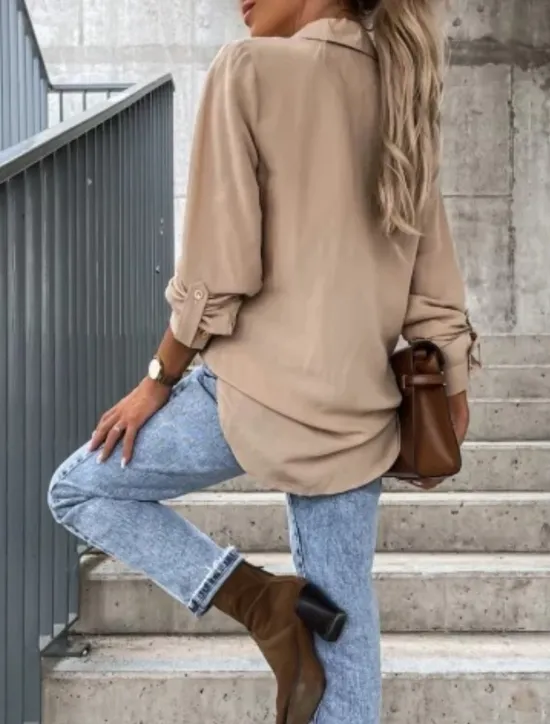 New Women's Shirt Linen-Inspired Shirts Button Up Blouse Solid Color Stylish Casual Long Sleeve Shirt Collar Regular Tops Daily Buttons Pocket Black White Brown Khaki Summer Spring Women Shirts