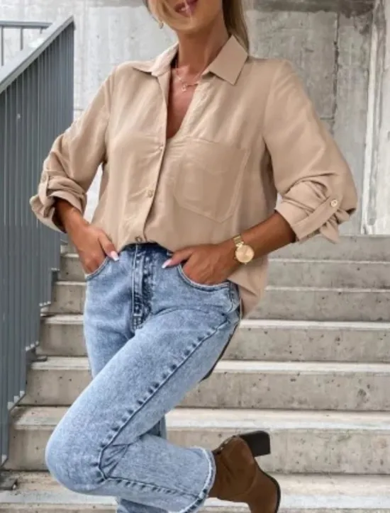 New Women's Shirt Linen-Inspired Shirts Button Up Blouse Solid Color Stylish Casual Long Sleeve Shirt Collar Regular Tops Daily Buttons Pocket Black White Brown Khaki Summer Spring Women Shirts