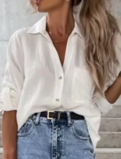 New Women's Shirt Linen-Inspired Shirts Button Up Blouse Solid Color Stylish Casual Long Sleeve Shirt Collar Regular Tops Daily Buttons Pocket Black White Brown Khaki Summer Spring Women Shirts