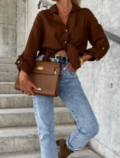 New Women's Shirt Linen-Inspired Shirts Button Up Blouse Solid Color Stylish Casual Long Sleeve Shirt Collar Regular Tops Daily Buttons Pocket Black White Brown Khaki Summer Spring Women Shirts