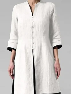 Online Women's Shirt Linen-Inspi Shirts Button Up Vintage 3/4 Length Sleeve V Neck White Gray Spring & Fall Women Shirts